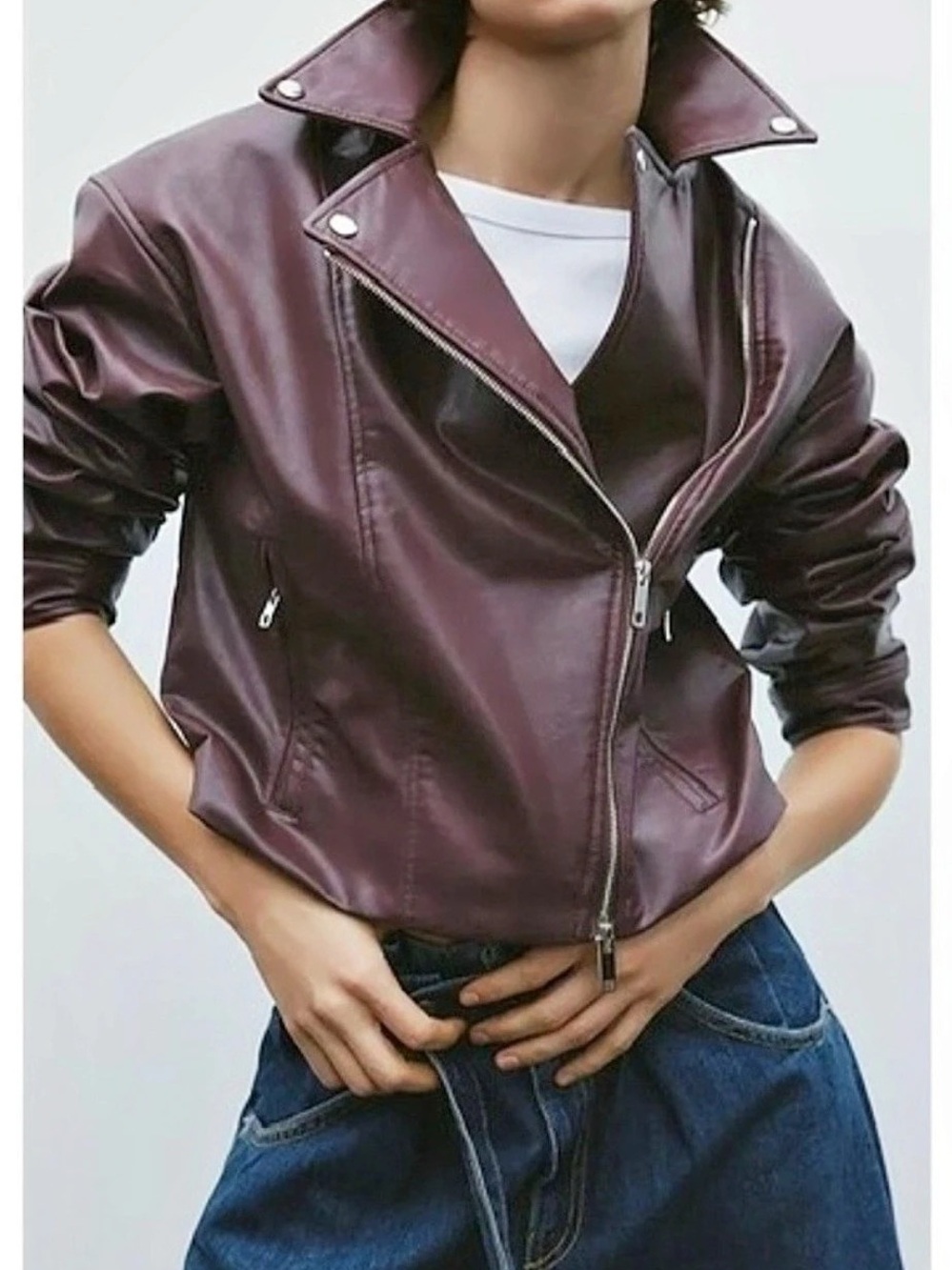 Zara ZW Collection Faux Leather Biker Jacket Faux Leather Moto Jacket in Purple